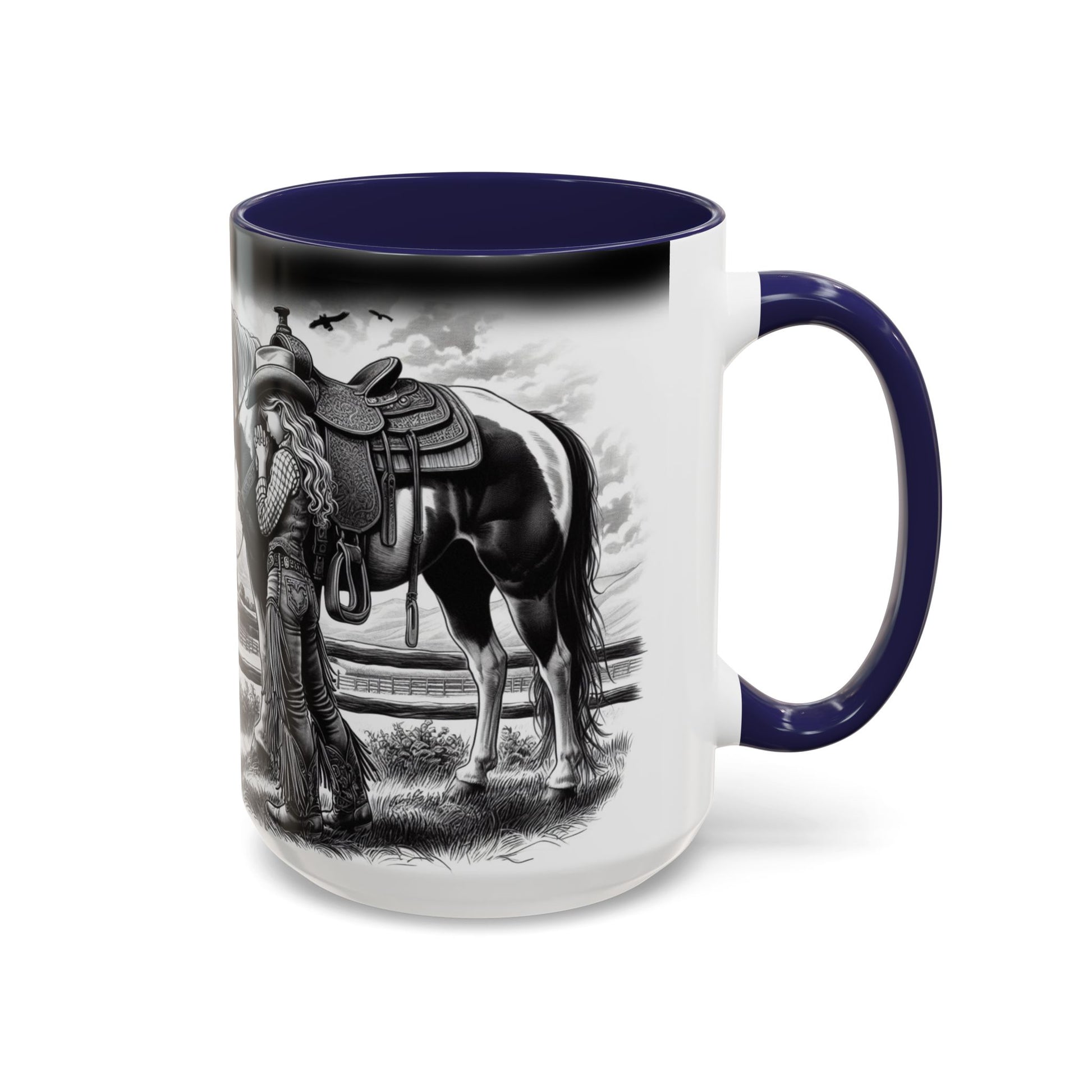 Praying Cowgirl coffee mug featuring a young cowgirl with her horse. Ideal gift for equestrian enthusiasts.