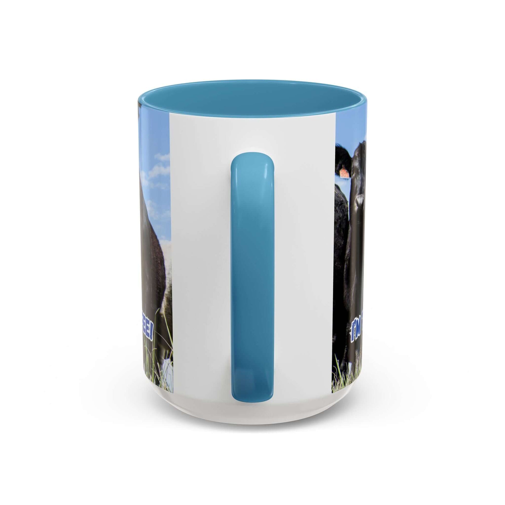 Black Angus Coffee Mug featuring bold black Angus artwork and a blue handle, perfect for ranchers and dad gifts.