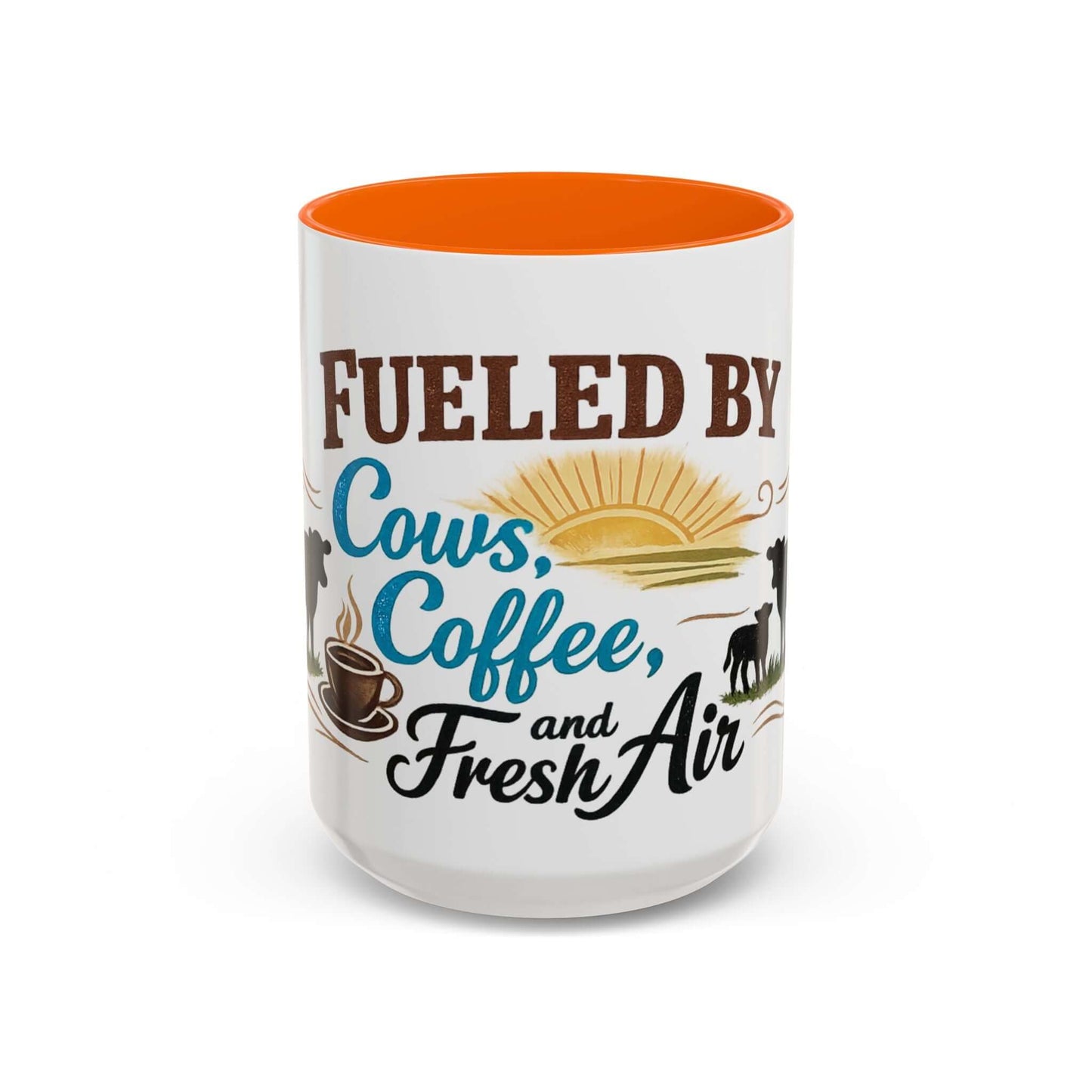 Cow Lovers Mug featuring a design with the phrase 'Fueled by Cows, Coffee, and Fresh Air' with colorful graphics.
