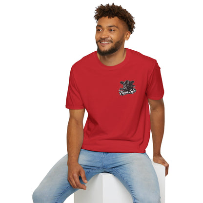 Model wearing a red Farm Life T-Shirt with a stylish chest graphic, perfect for ranchers and outdoor enthusiasts.