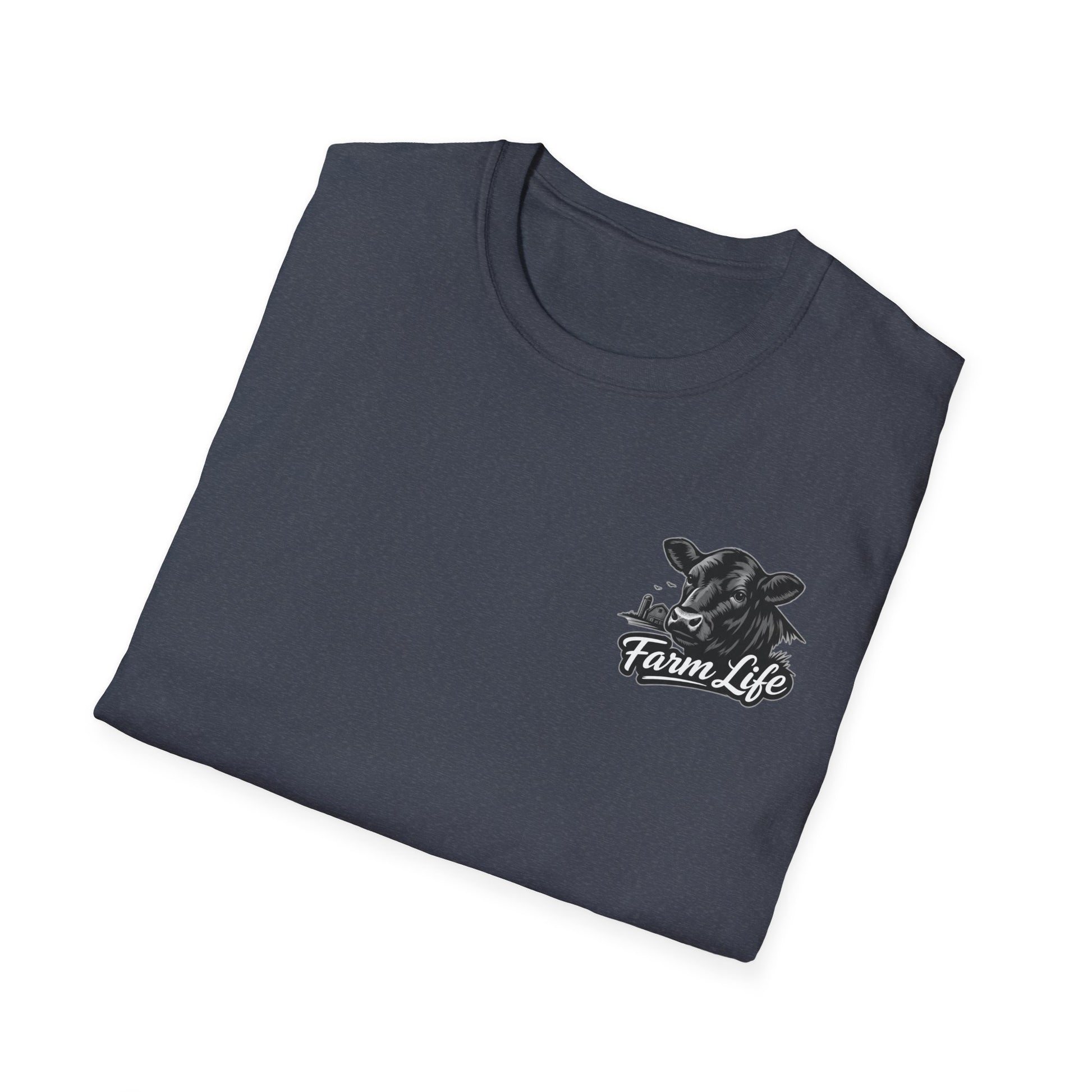 Farm Life T-Shirt with a hand-drawn cow graphic, perfect rancher apparel for charming farm lifestyle.