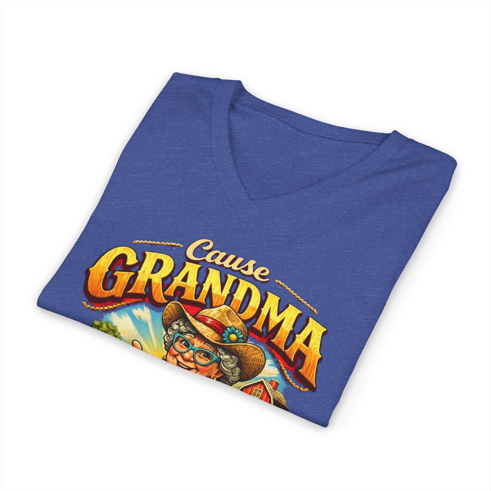 Grandma T-Shirt featuring a colorful design with text 'Cause Grandma' on a blue v-neck tee.