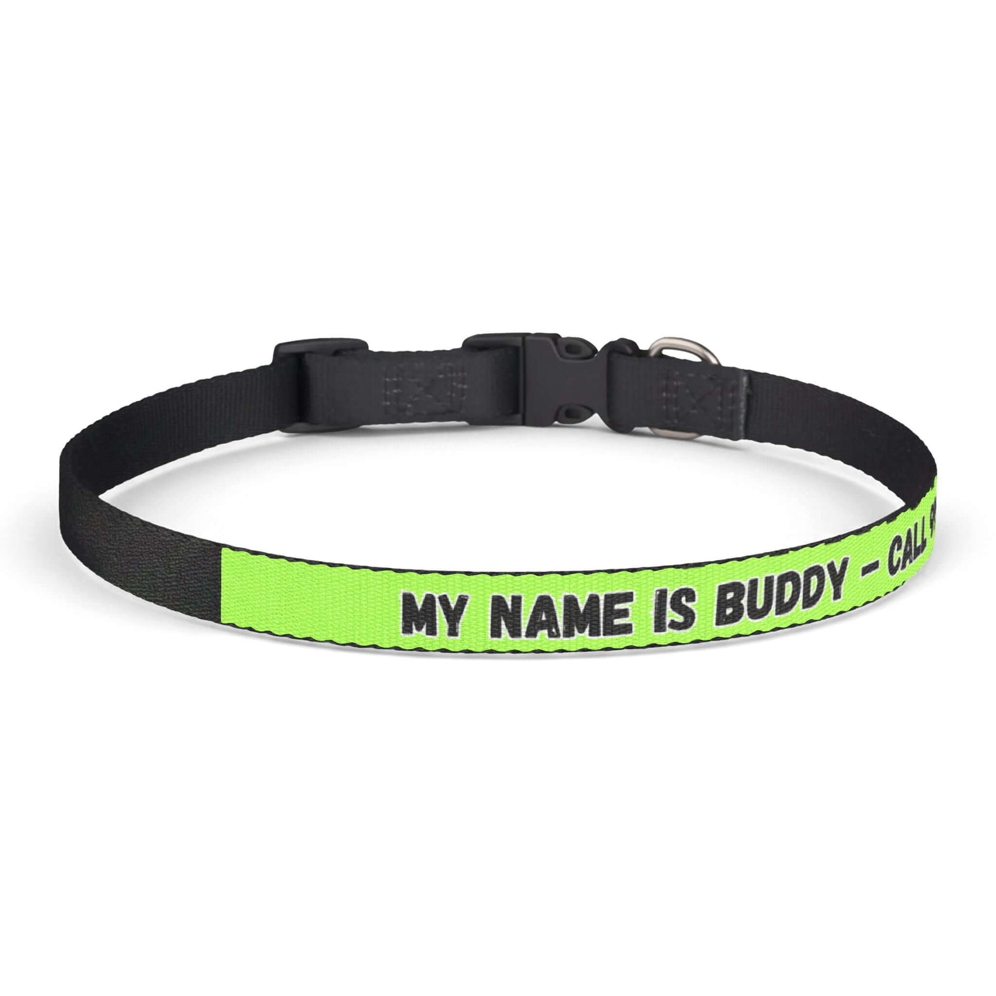 Personalized Pet Collar in bright lime with black text stating 'MY NAME IS BUDDY - CALL' for pet safety.