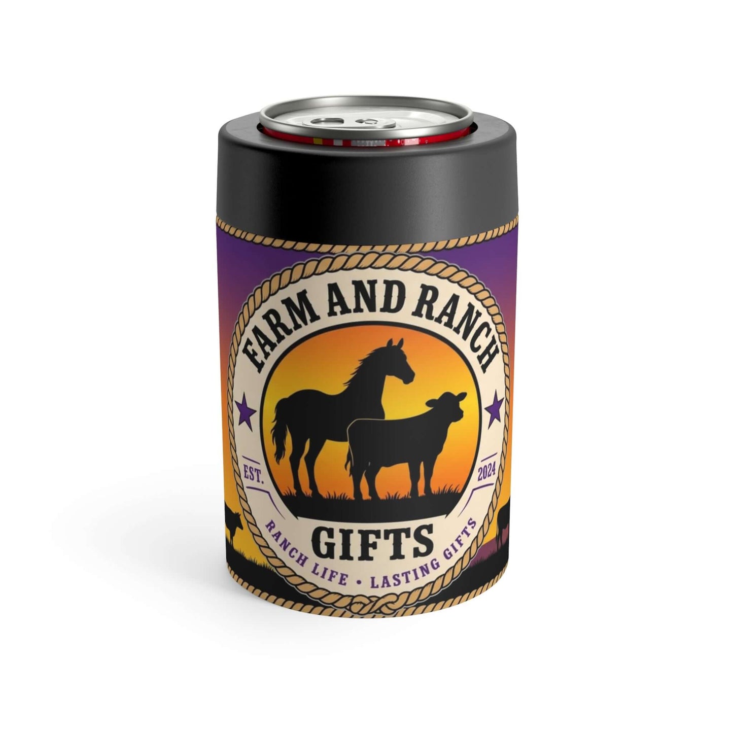 Personalized Can Holder featuring ranch-themed design with silhouettes of a horse and cow, perfect for gifts.