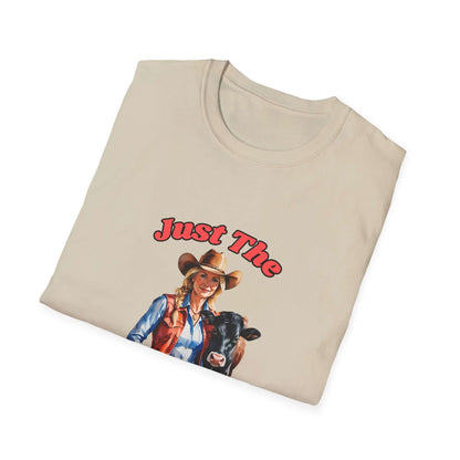 Funny Farm Wife Shirt with a playful design featuring a woman in a cowboy hat and a cow, showcasing farm life humor.