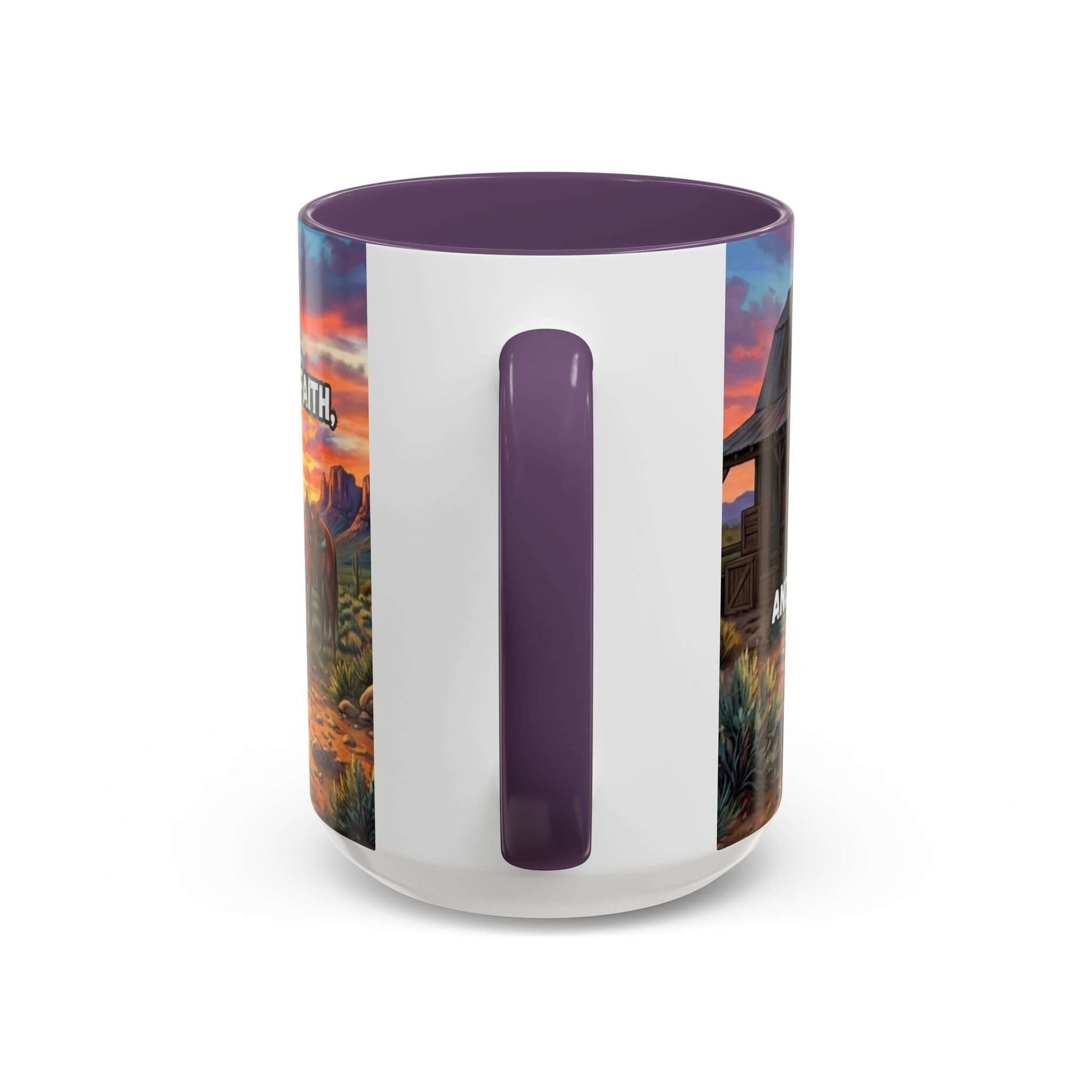 Cowboy Prayer Coffee Mug with purple handle and sunset design, perfect for Western and religious gifts.