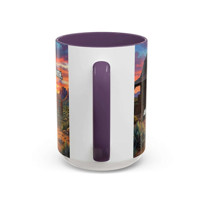 Cowboy Prayer Coffee Mug with purple handle and sunset design, perfect for Western and religious gifts.