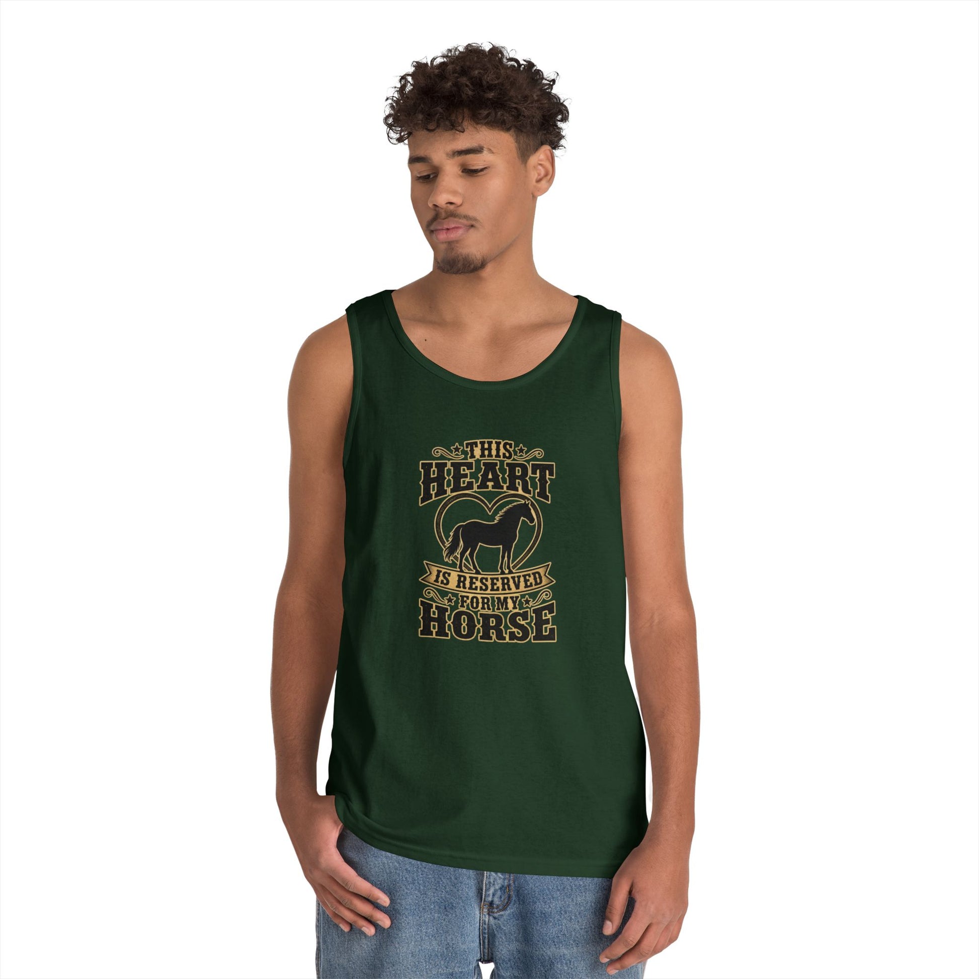 Horse Lover Tank Top featuring a graphic that reads 'This Heart is Reserved for My Horse', modeled by a young man.