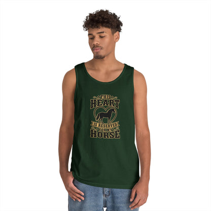 Horse Lover Tank Top featuring a graphic that reads 'This Heart is Reserved for My Horse', modeled by a young man.