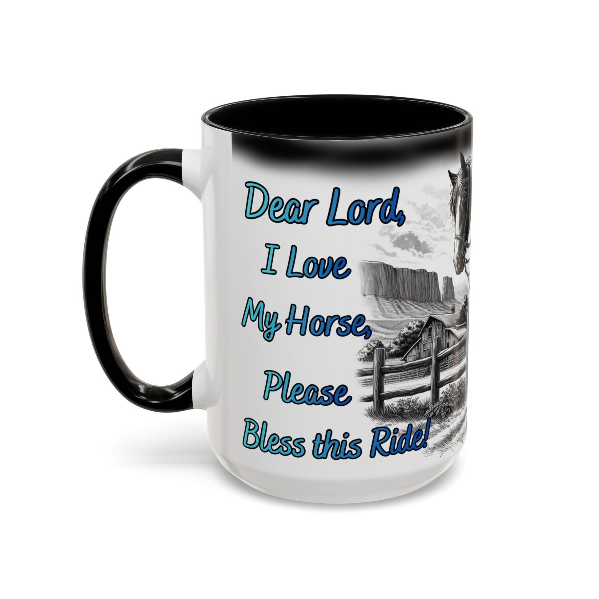 Praying Cowgirl Coffee Mug featuring heartfelt message about love for horses, perfect for equestrian enthusiasts.