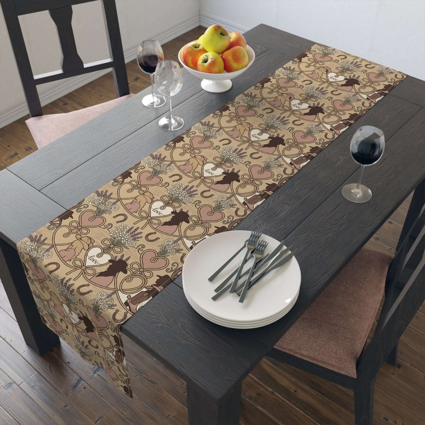 Western Bridal Table Runner featuring rustic hearts and playful moose silhouette on a wooden dining table.