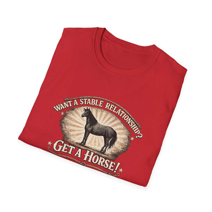Get a Horse T-Shirt with barnyard humor, featuring a horse silhouette and rustic typography on a red background.