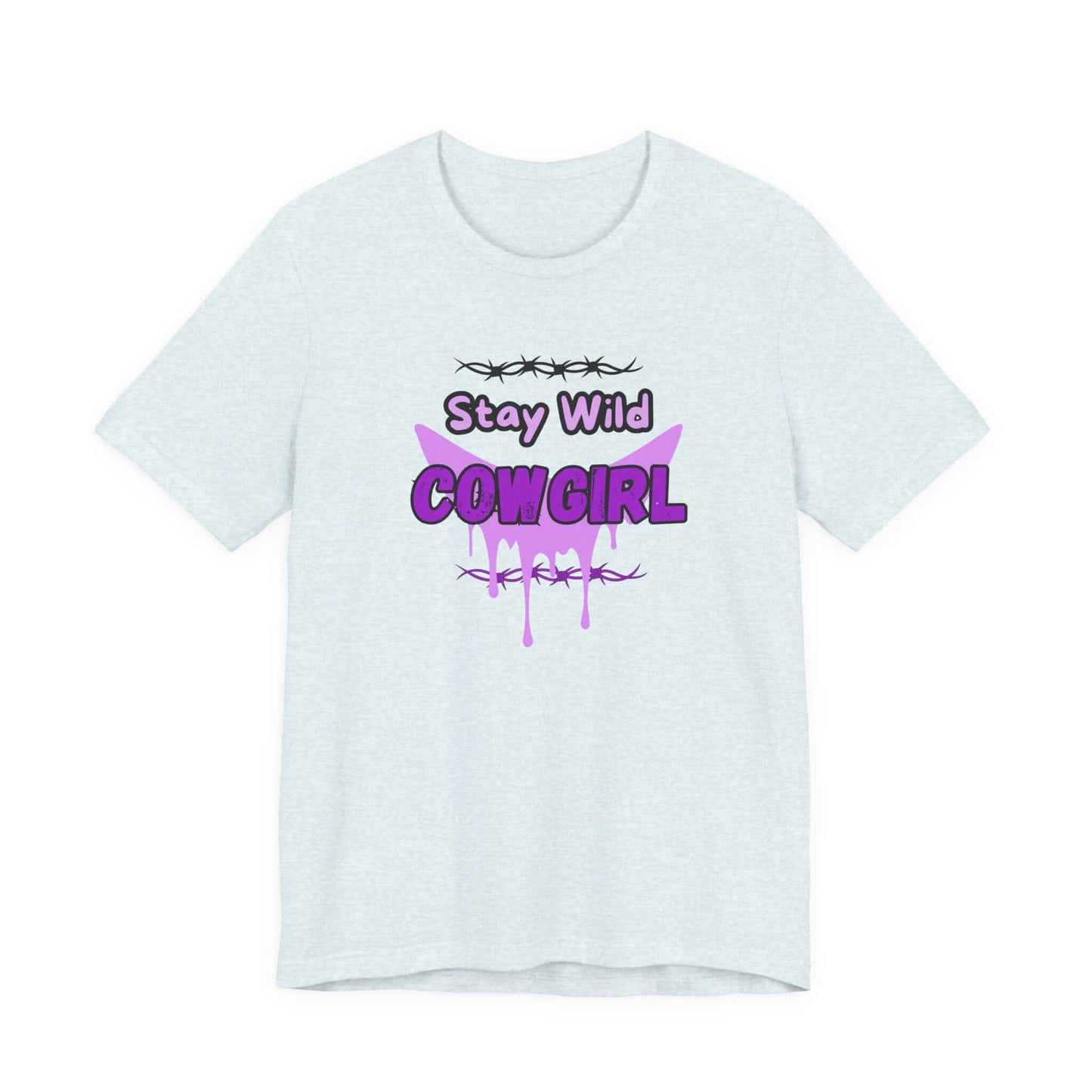Cowgirl Western Tee with purple "Stay Wild COWGIRL" graphic on a light-colored fabric, perfect for a rebellious look.