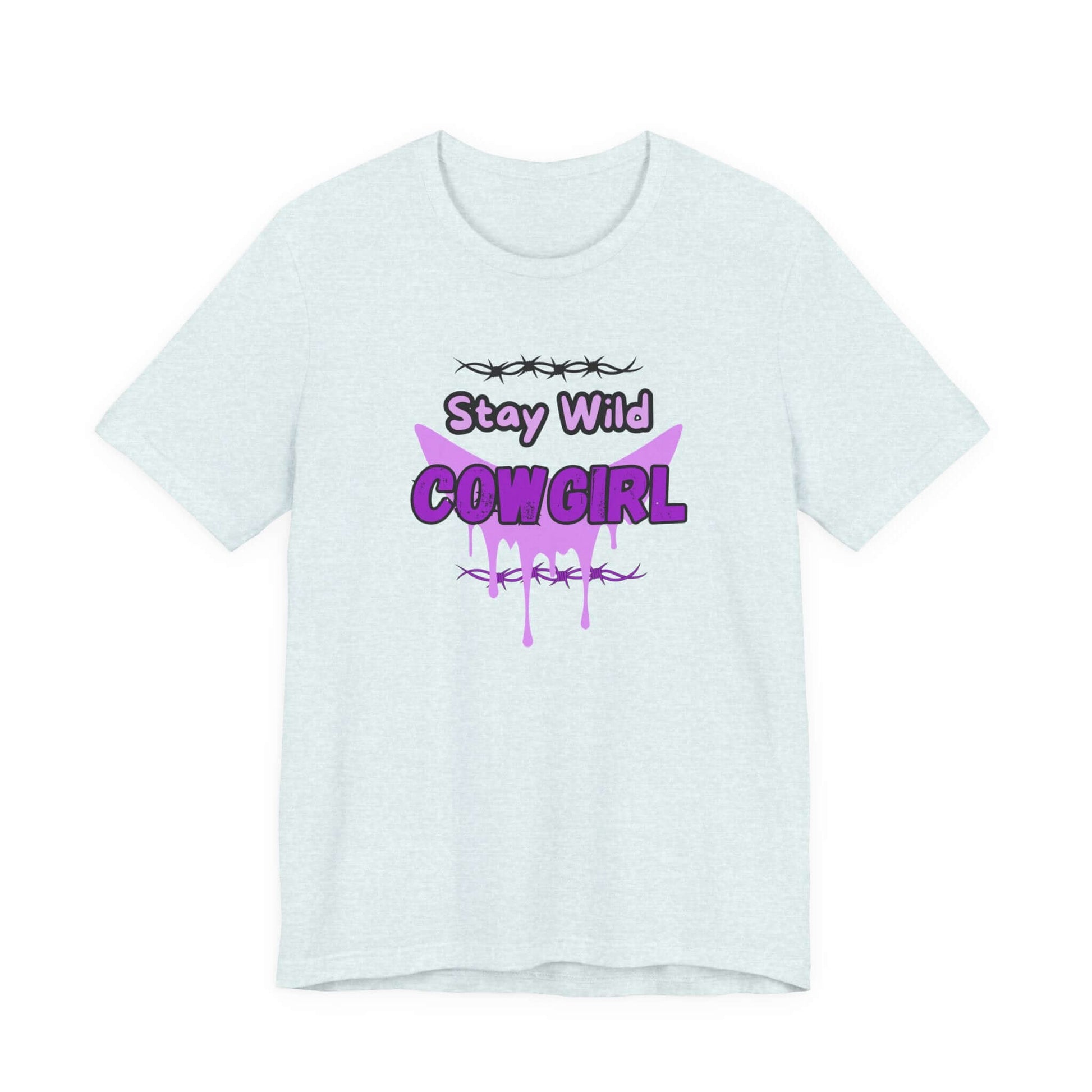 Cowgirl Western Tee with purple "Stay Wild COWGIRL" graphic on a light-colored fabric, perfect for a rebellious look.