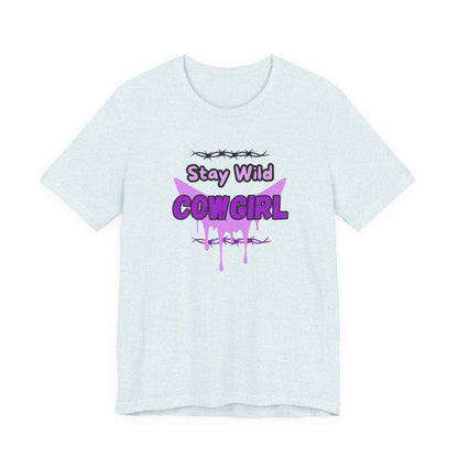 Cowgirl Western Tee with purple "Stay Wild COWGIRL" graphic on a light-colored fabric, perfect for a rebellious look.