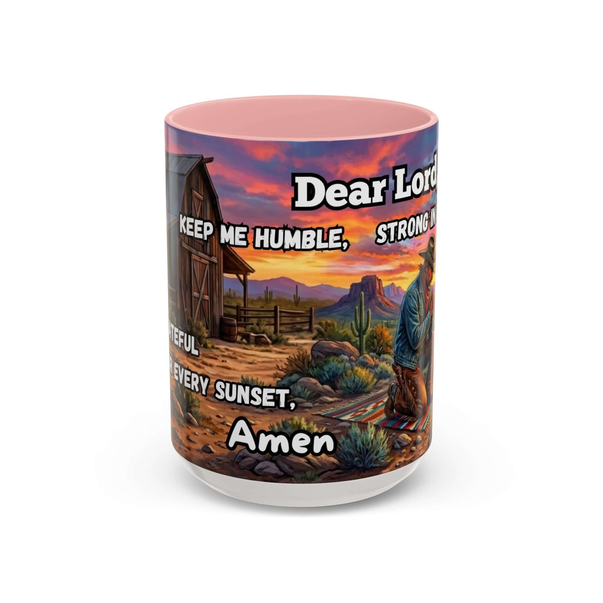 Cowboy Prayer Coffee Mug featuring a prayer design, rustic western imagery, and warm colors for religious gifts.