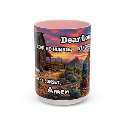 Cowboy Prayer Coffee Mug featuring a prayer design, rustic western imagery, and warm colors for religious gifts.