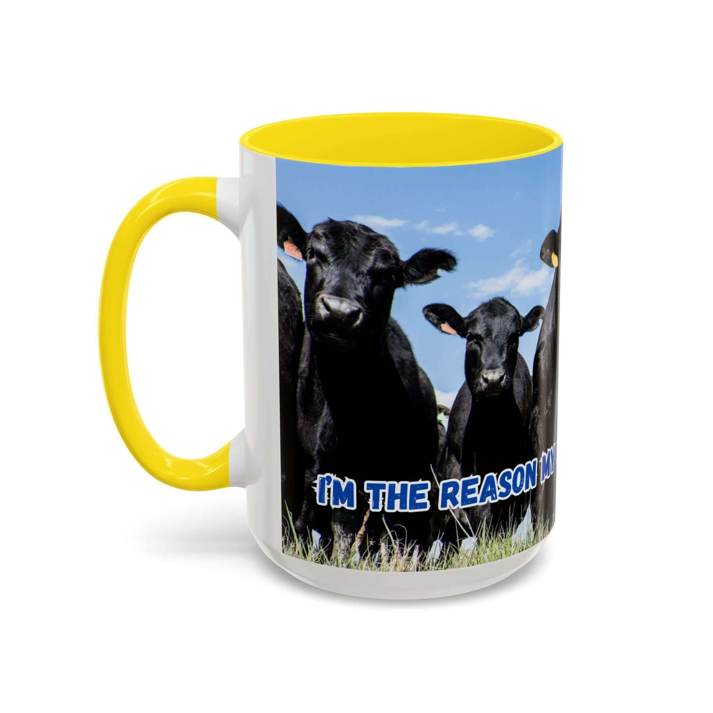 Black Angus Coffee Mug featuring humorous quote and black Angus cows against a blue sky design.