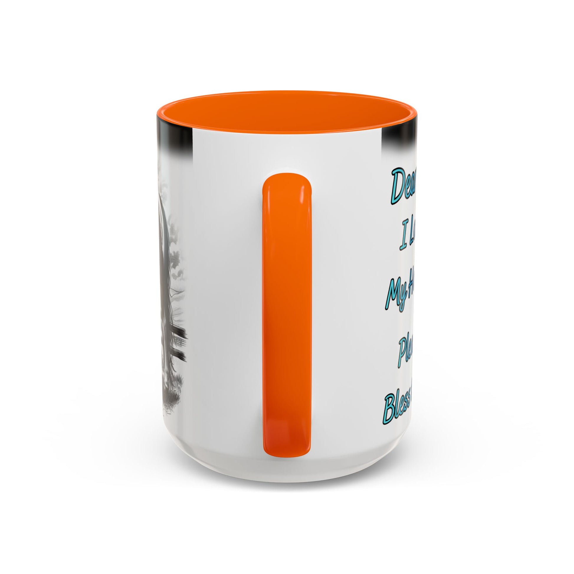 Praying Cowgirl Coffee Mug with orange handle featuring heartfelt message and rustic design for equestrian enthusiasts.
