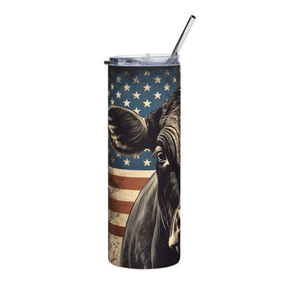 Patriotic Angus Cow American Flag Skinny Tumbler with straw, ideal for ranchers and farmers.