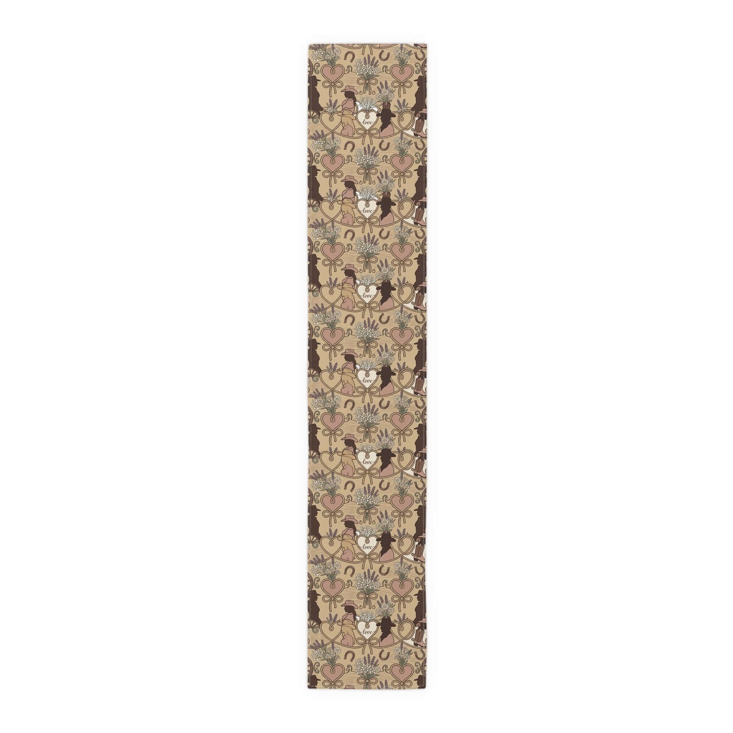 Western Bridal Table Runner with rustic hearts, horseshoes, and moose silhouettes on a soft taupe background.