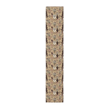 Western Bridal Table Runner with rustic hearts, horseshoes, and moose silhouettes on a soft taupe background.