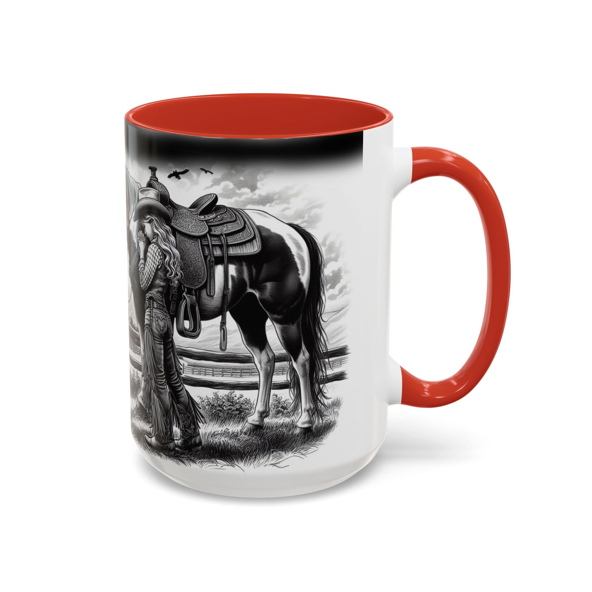 Praying Cowgirl Coffee Mug with a heartwarming design of a girl and her horse, perfect for equestrian enthusiasts.