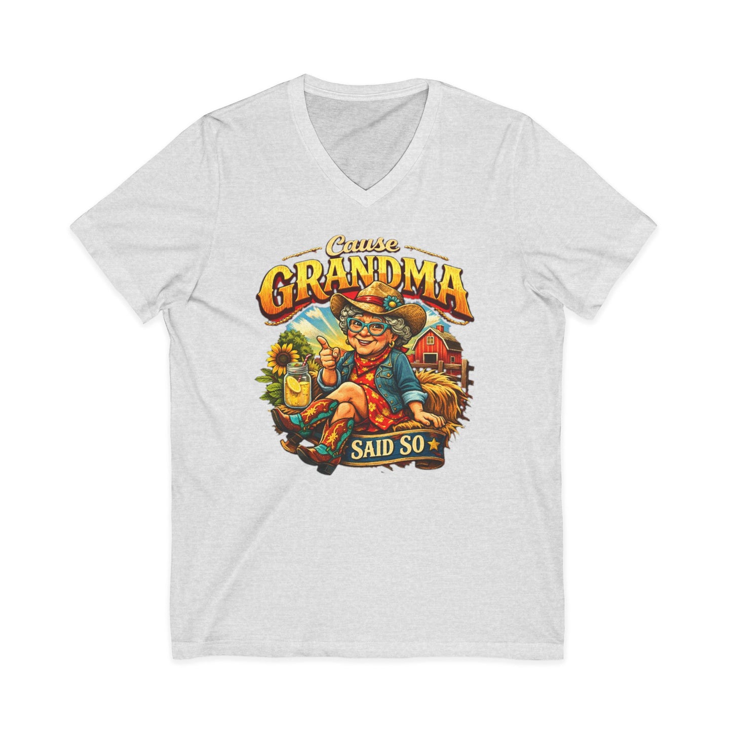 Funny Grandma T-Shirt featuring 'Cause Grandma Said So' design with a playful grandmother and farm elements.