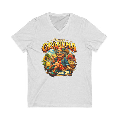 Funny Grandma T-Shirt featuring 'Cause Grandma Said So' design with a playful grandmother and farm elements.