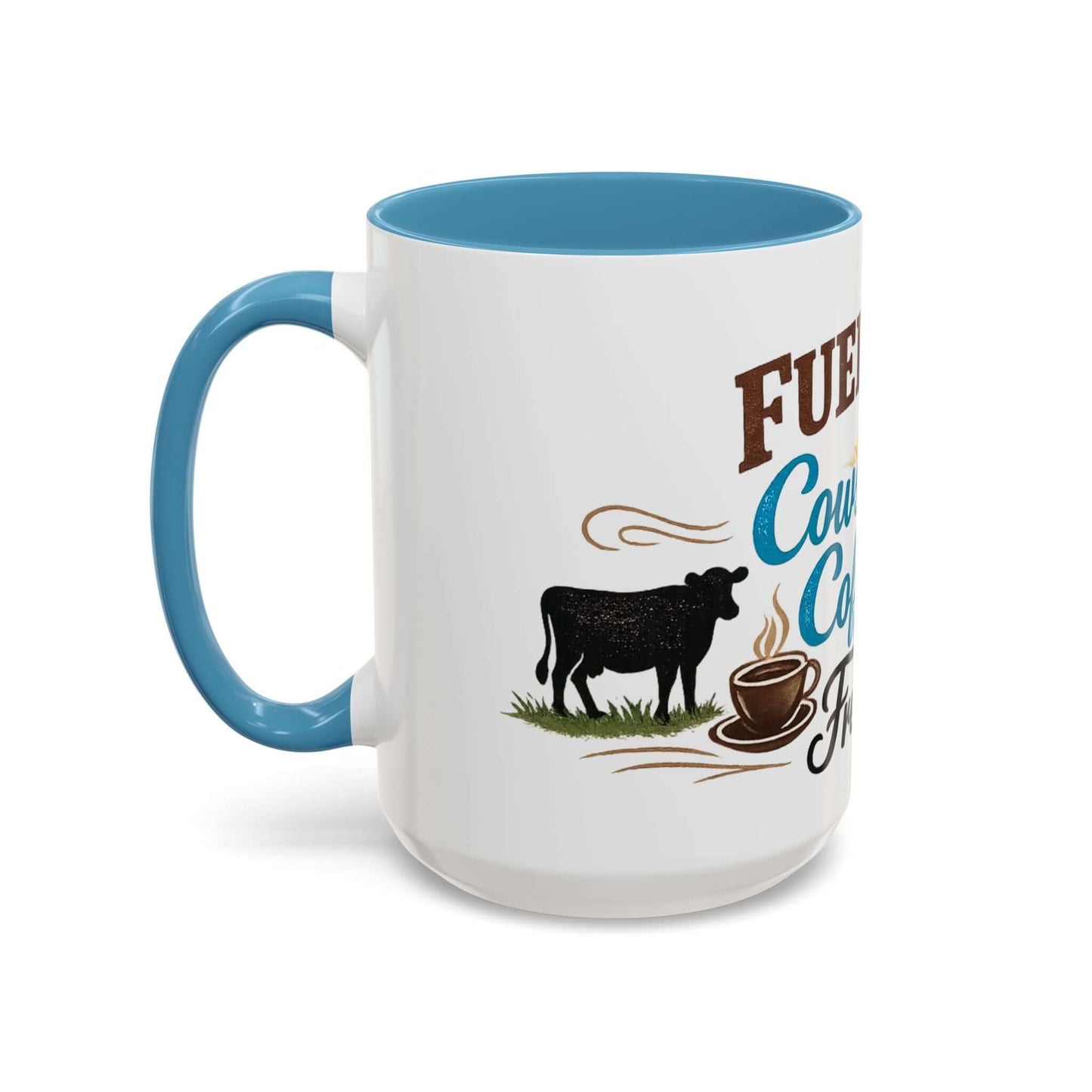 Cow Lovers Mug featuring a cow and coffee cup with blue handle and rim, perfect for farm lovers.