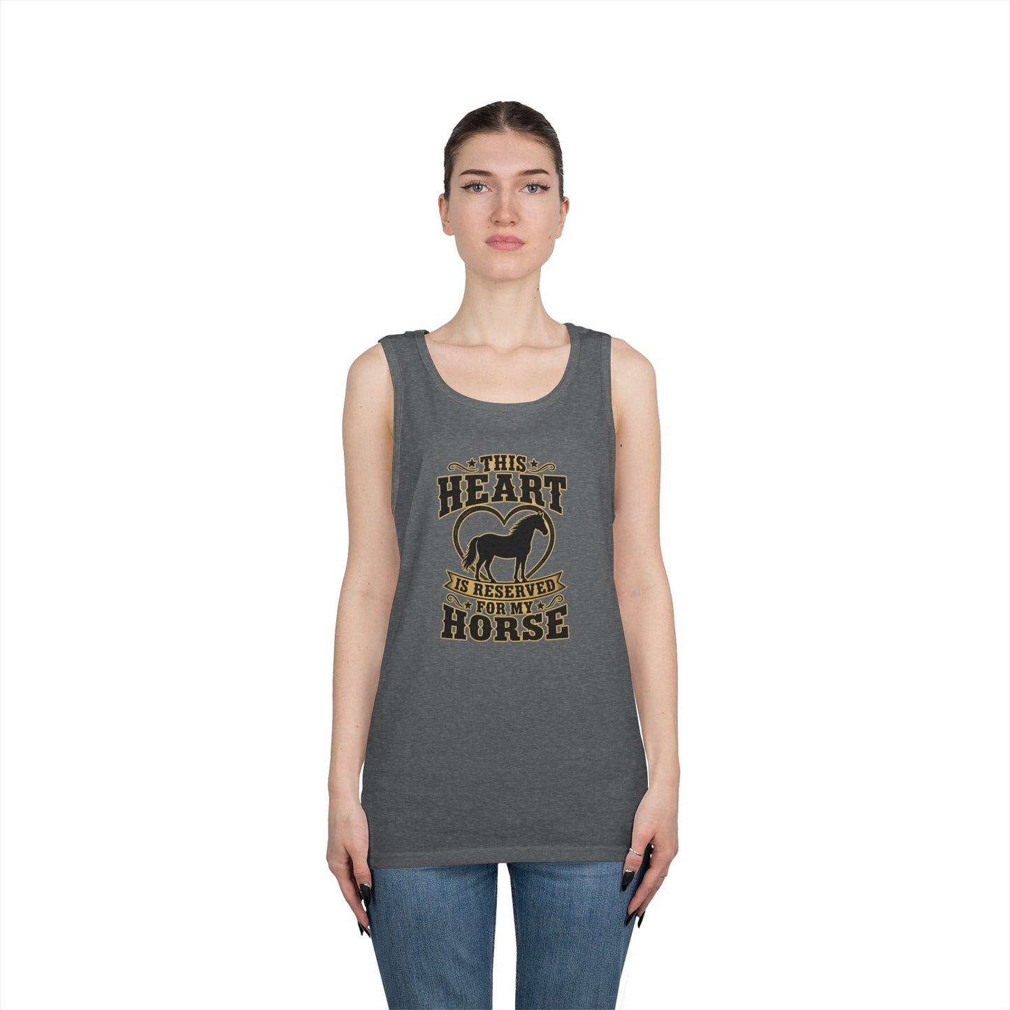 Horse Lover Tank Top featuring the phrase 'This Heart is Reserved for My Horse' on a gray tank.