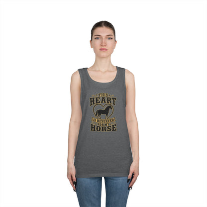 Horse Lover Tank Top featuring the phrase 'This Heart is Reserved for My Horse' on a gray tank.