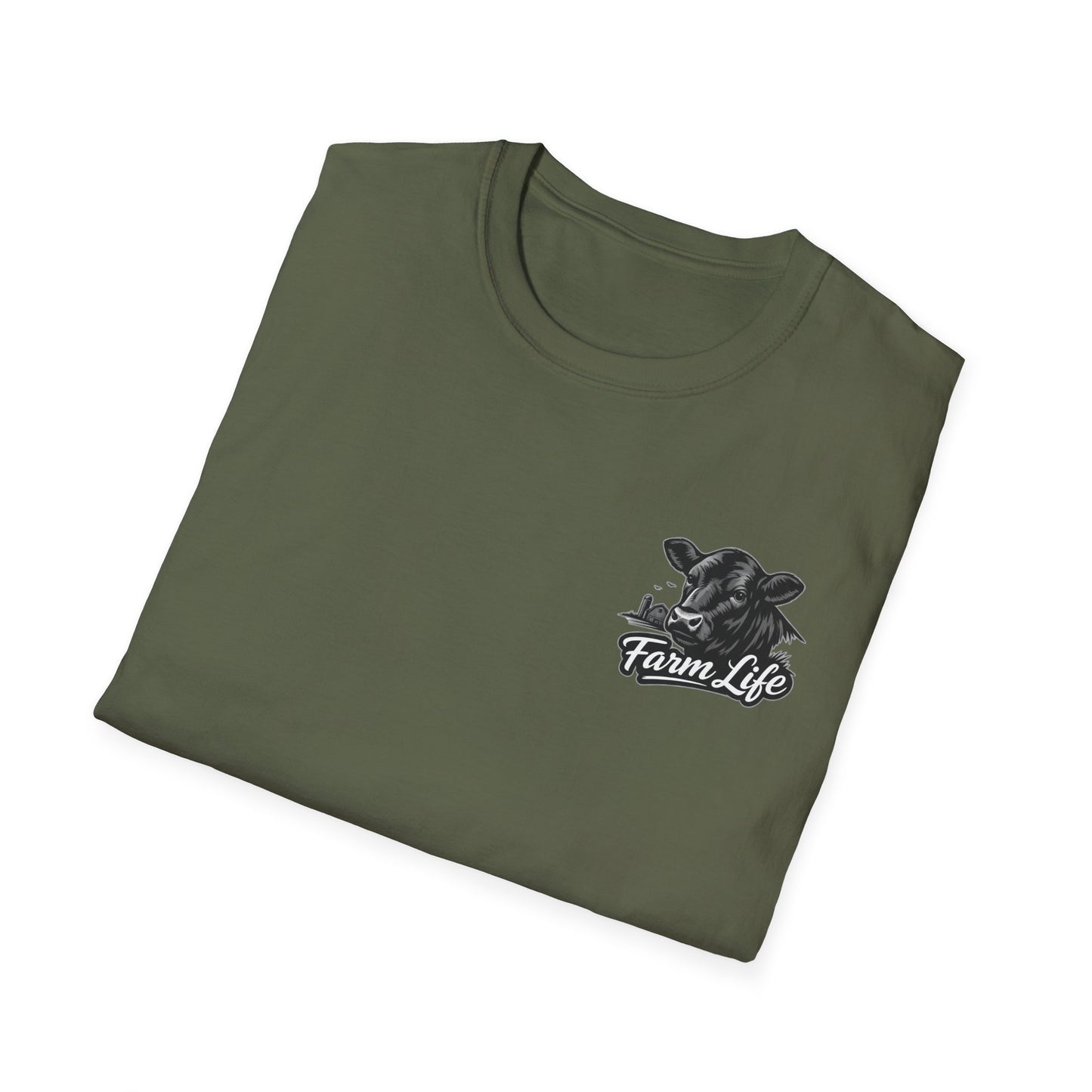 Farm Life T-Shirt in olive green featuring cow graphic, perfect for ranchers and cowboys.