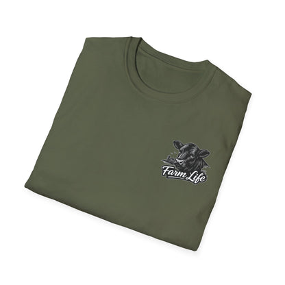 Farm Life T-Shirt in olive green featuring cow graphic, perfect for ranchers and cowboys.