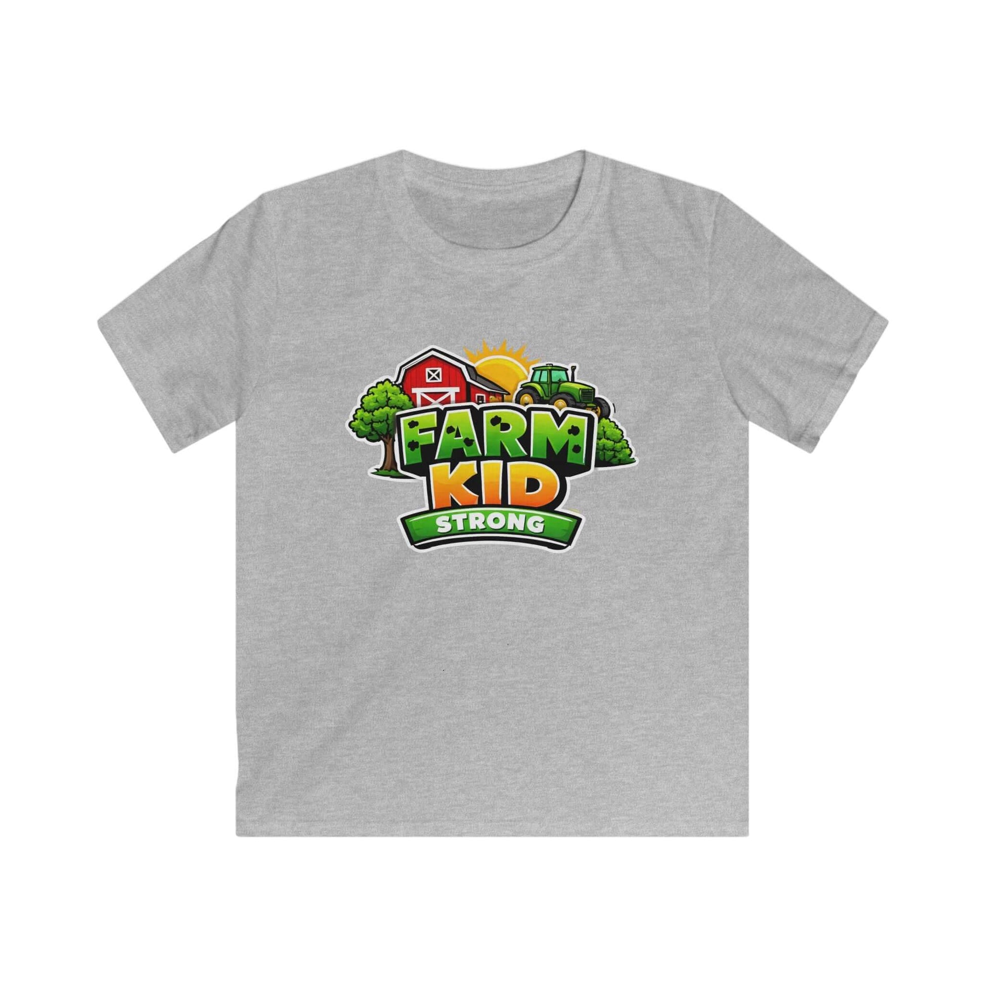Farm Kid T-Shirt featuring a colorful barn and sun design with bold lettering 'FARM KID STRONG' on a gray background.