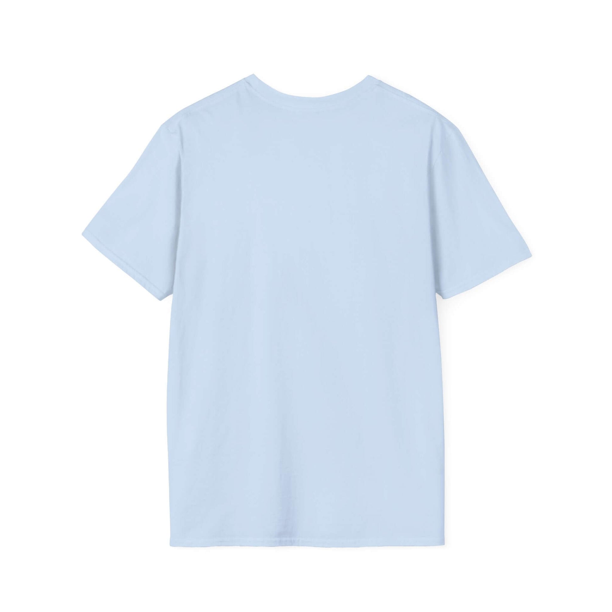 Back view of the Working Cows Humor T-Shirt in light blue, showcasing its lightweight cotton fabric and crewneck design.