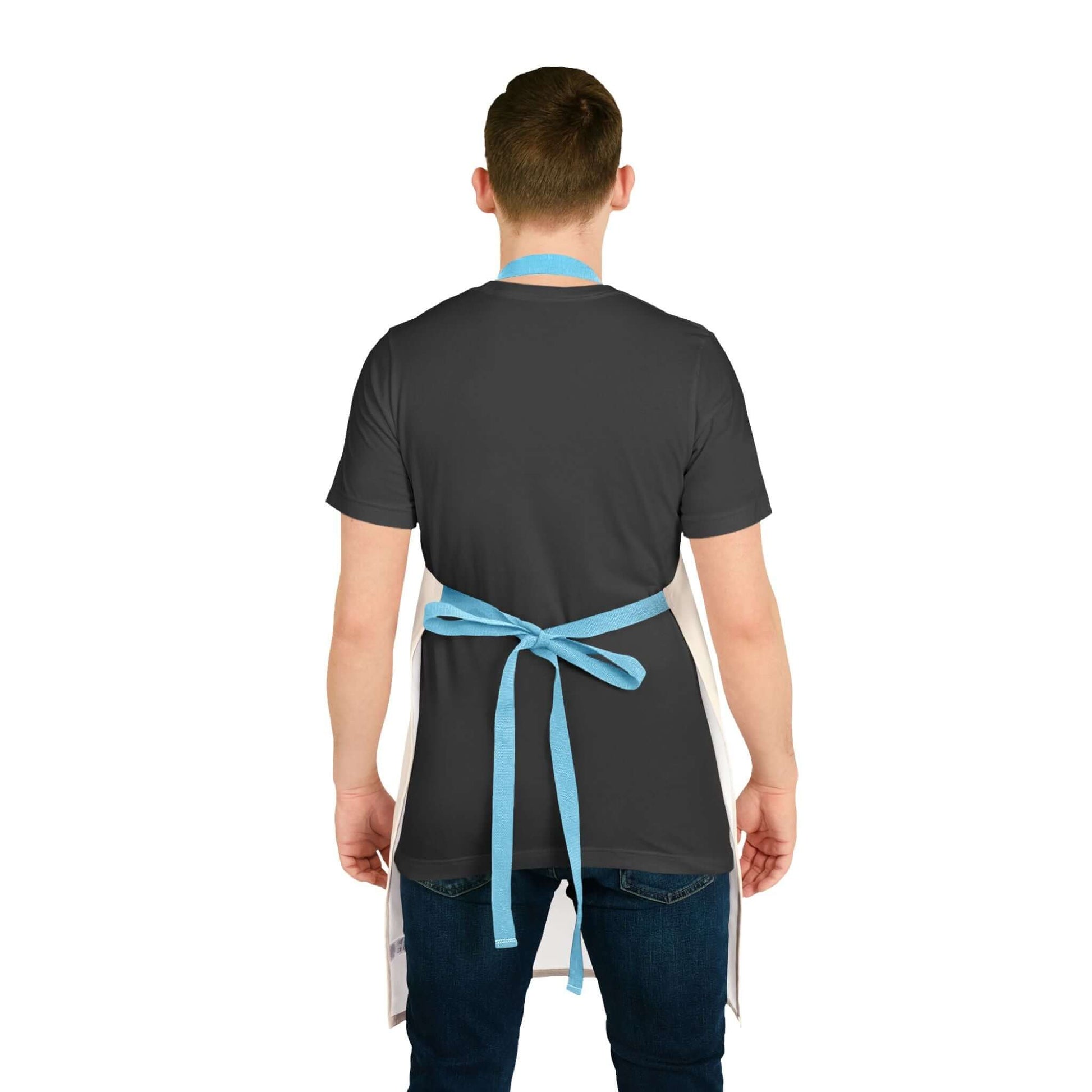 Back view of a man wearing a Ranch Dad Apron with a blue tie, perfect for grilling and BBQ cooking.