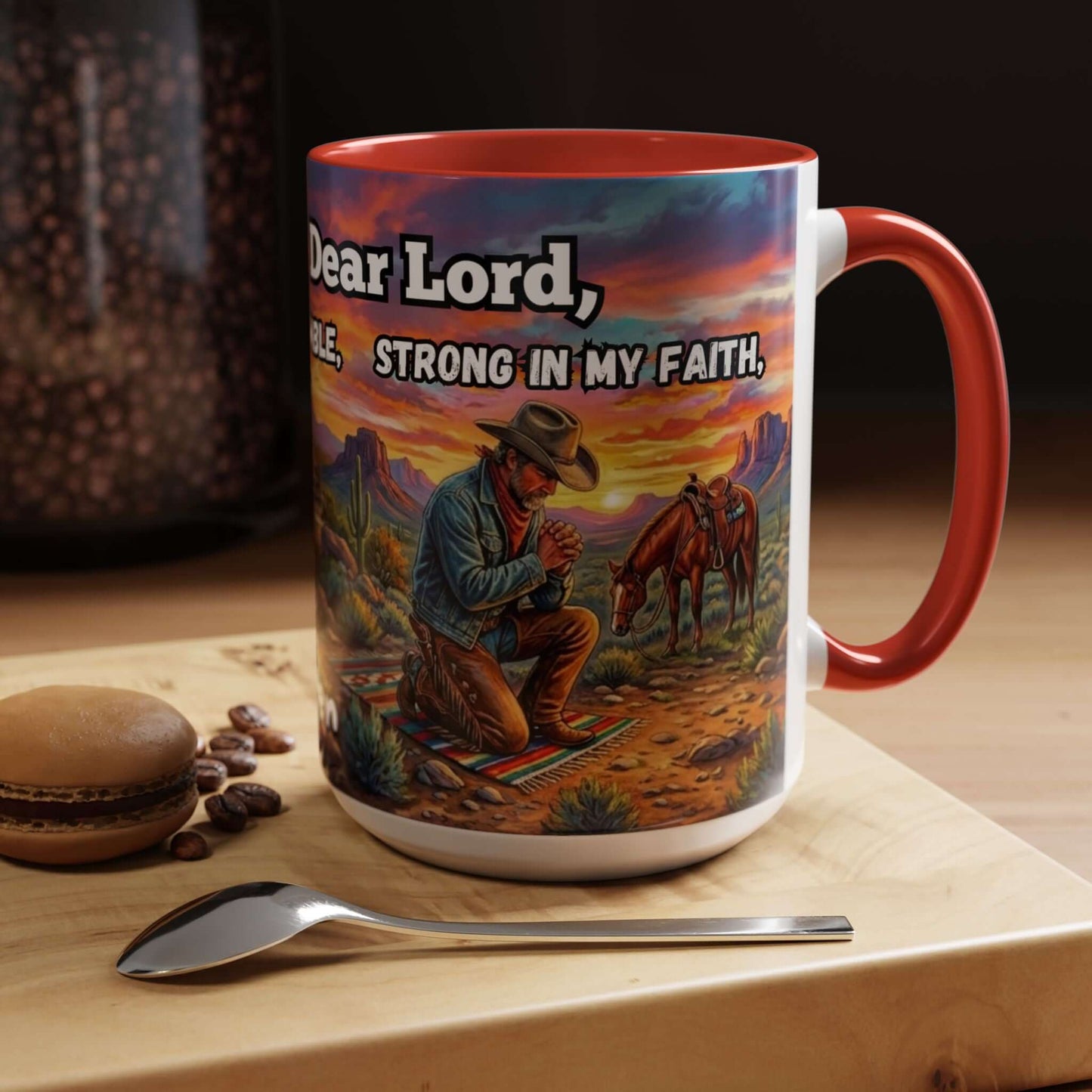 Cowboy Prayer Coffee Mug featuring a cowboy praying with horses in the background, perfect for Western and religious gift enthusiasts.