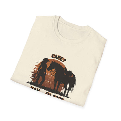 Horse Lover T-Shirt featuring relaxed rider and horse silhouette with sunset backdrop, casual cowgirl apparel.