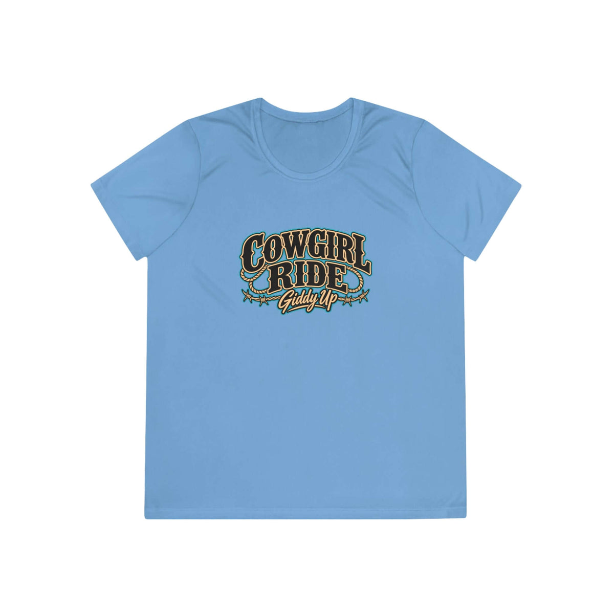 Cowgirl Ride Giddy Up Ladies Tee in light blue with vintage western graphic design.