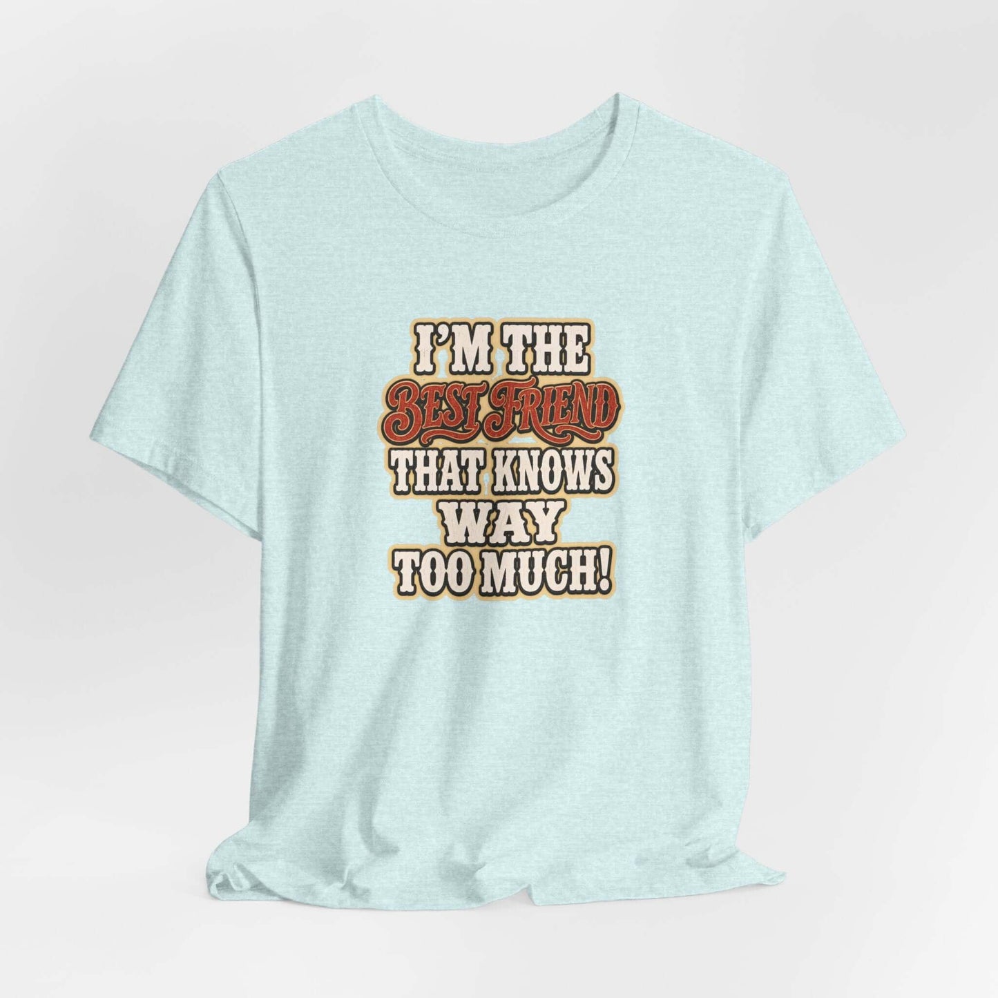 Best Friend T-Shirt featuring humorous text I'm the Best Friend that knows way too much on a light blue cotton tee.
