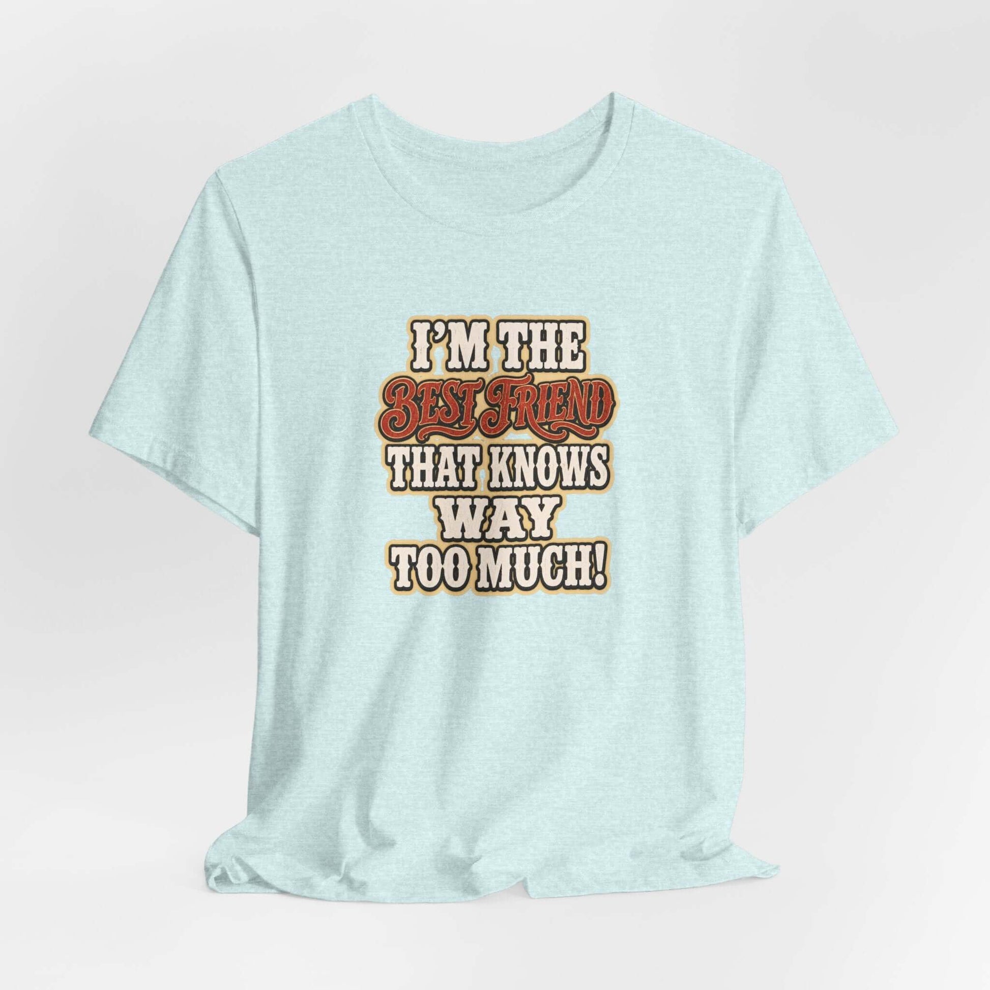 Best Friend T-Shirt featuring humorous text I'm the Best Friend that knows way too much on a light blue cotton tee.