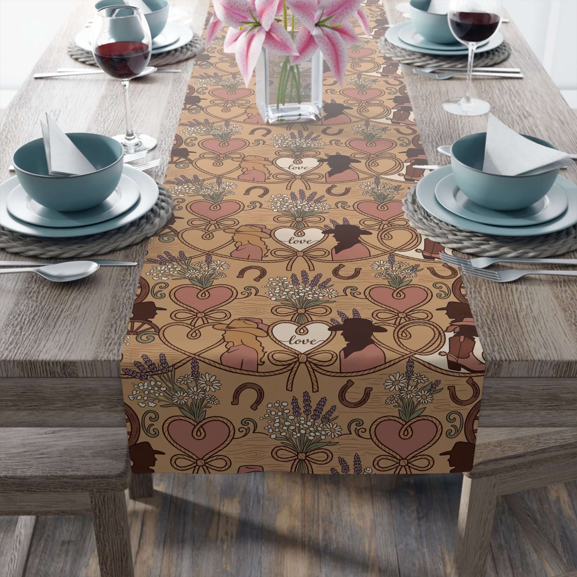 Western Bridal Table Runner featuring hearts, horseshoes, and moose design in a cozy farmhouse style.