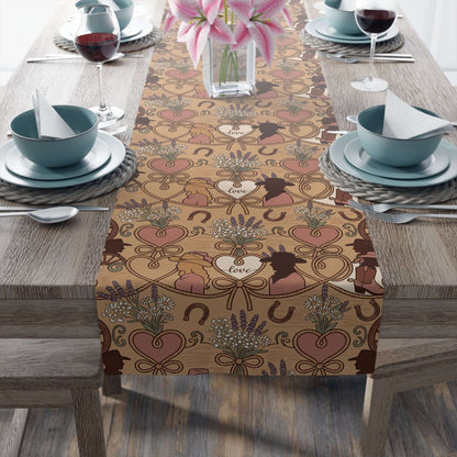 Western Bridal Table Runner featuring hearts, horseshoes, and moose design in a cozy farmhouse style.