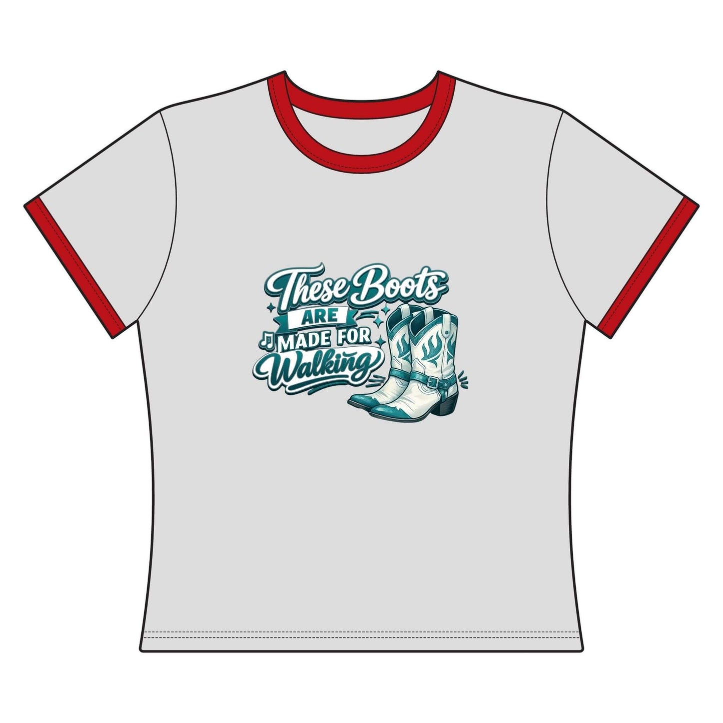 Cowgirl Cropped Tee featuring a graphic of cowboy boots and the phrase "These Boots Are Made For Walking" in teal.