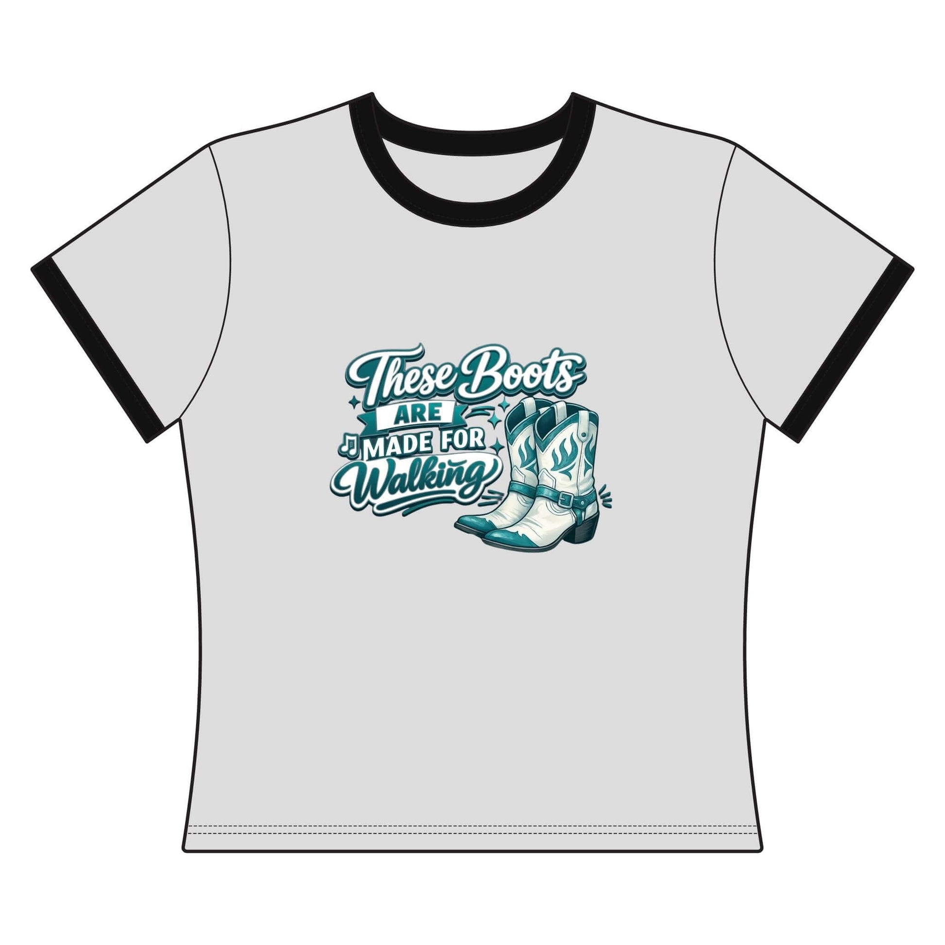 Cowgirl Cropped Tee featuring stylized cowboy boots and text 'These Boots Are Made For Walking' in teal.