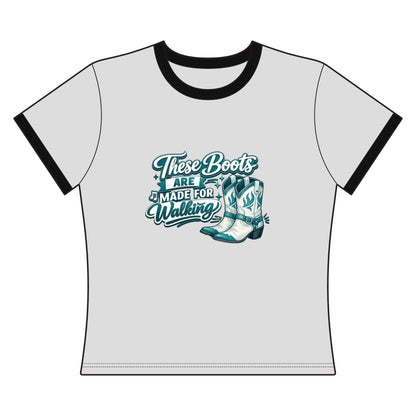 Cowgirl Cropped Tee featuring stylized cowboy boots and text 'These Boots Are Made For Walking' in teal.
