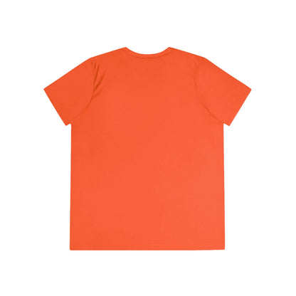 Back view of the Cowgirl Ride Giddy Up Ladies Tee in vibrant orange color.