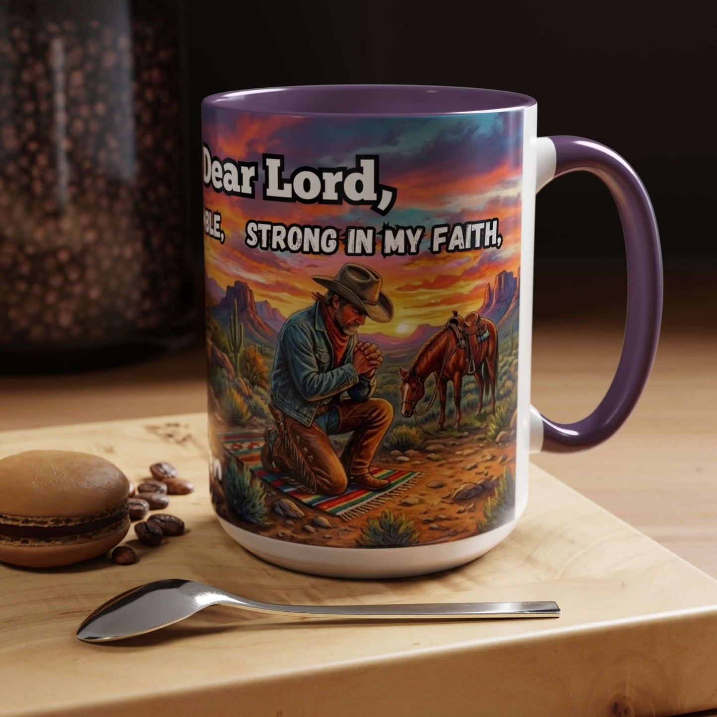 Cowboy Prayer Coffee Mug featuring a cowboy praying against a sunset background, perfect for Western and religious gifts.
