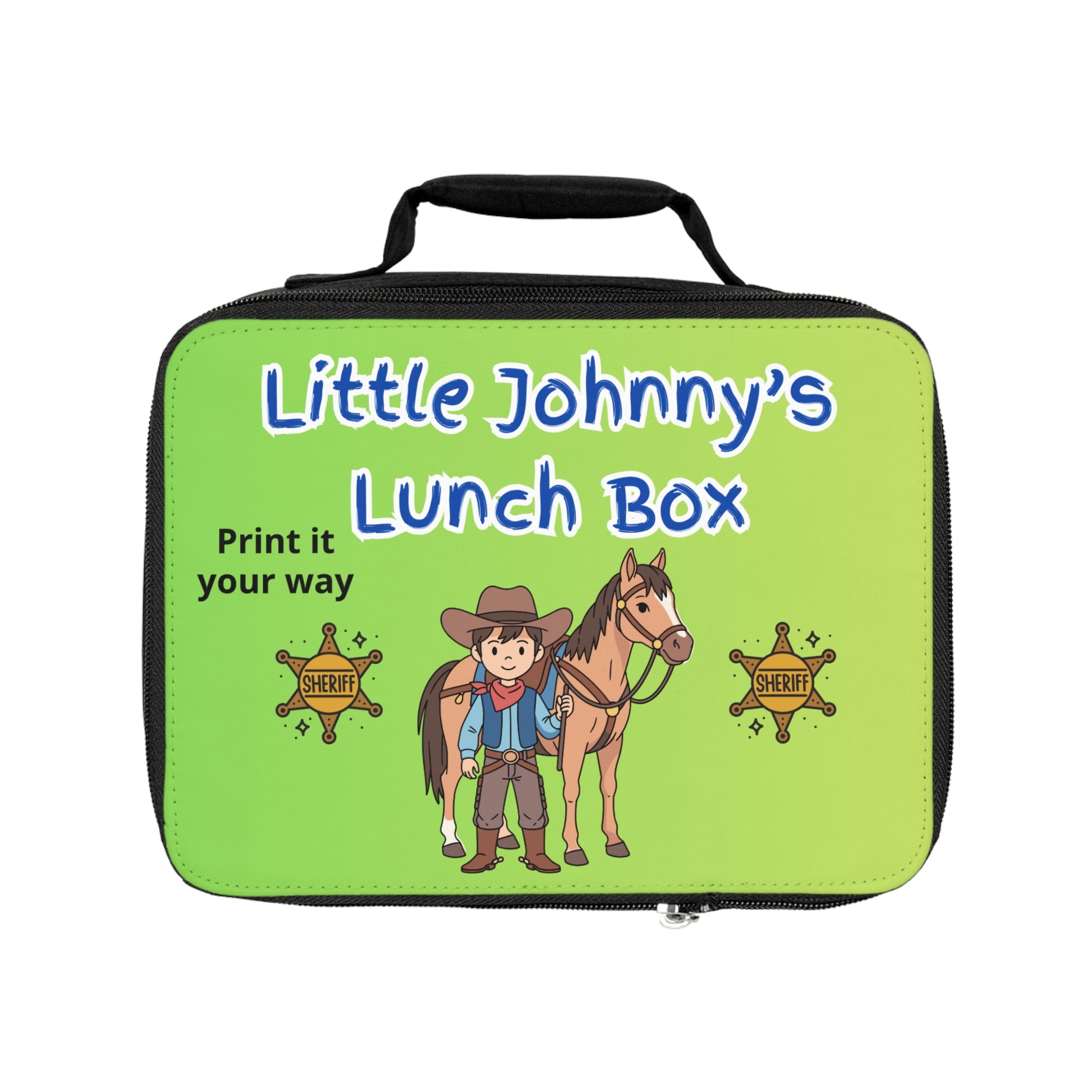Personalized Kids Lunch Bag featuring Little Johnny with a horse and playful western design.